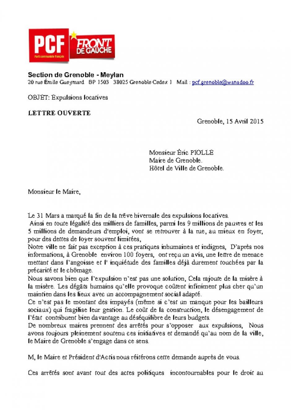 Lettre Ouverte au Maire de Grenoble sur les expulsions locatives!